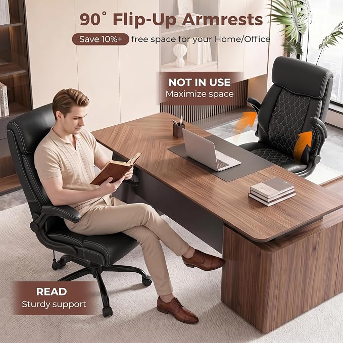 Ergonomic Office Chair with Lumbar Support, Executive Leather Computer Desk Chair with Flip Up Arms & Rocking Function, High Back Big and Tall Comfortable Gaming Chair for Home Office - Image 3
