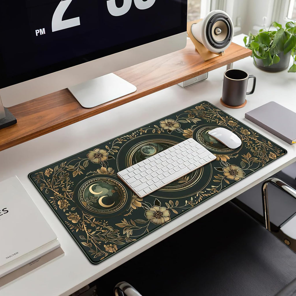Celestial Art Nouveau Botanical Desk Mat Gold Moon Large Mouse Pad Emerald Vintage Big Gaming Mousepad 31.5''X15.7'' Plant Aesthetic Desk Pad XXL Extended Keyboard Mouse Mat Office Decor - Image 2