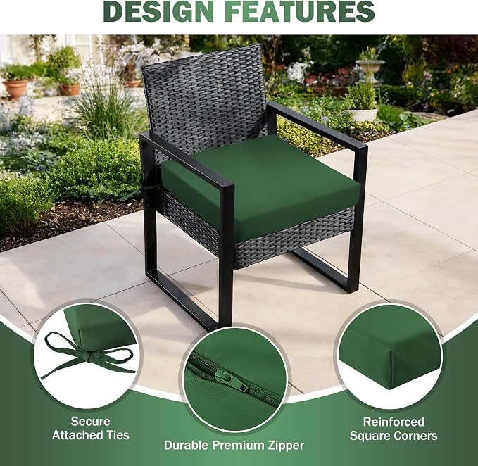 Outdoor Chair Cushions Set of 2, 19x19x3Inch Waterproof & Fade Resistant Patio Furniture Seat Cushions with Ties, Square Outdoor Dining Chair Cushions for Lawn, Garden, Deck&Yard, Forest Green - Image 4