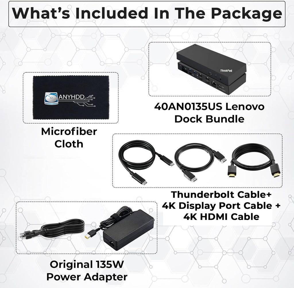 Lenovo 40AN0135US Dock 135W Bundle - Gen 2 Dual UHD 4K Display with 135W Power Adapter + 4K HDMI Cable + 4K DisplayPort Cable + Thunderbolt Cable + Microfiber Cloth - Lenovo Docking Station (Renewed) - Image 2