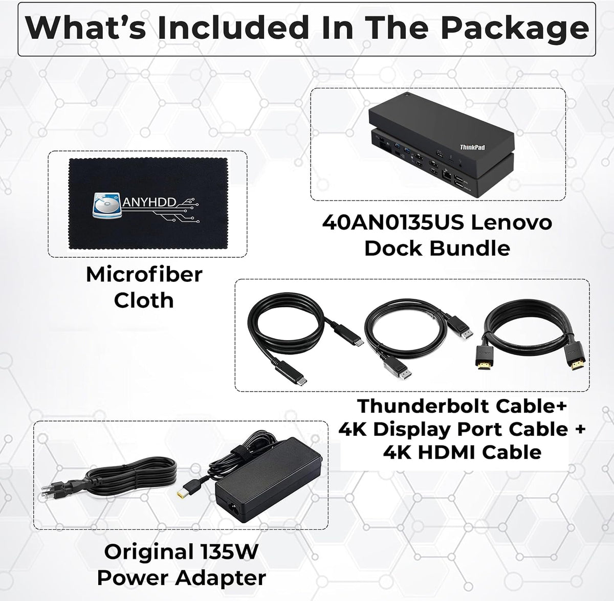 Lenovo 40AN0135US Dock 135W Bundle - Gen 2 Dual UHD 4K Display with 135W Power Adapter + 4K HDMI Cable + 4K DisplayPort Cable + Thunderbolt Cable + Microfiber Cloth - Lenovo Docking Station (Renewed) - Image 2