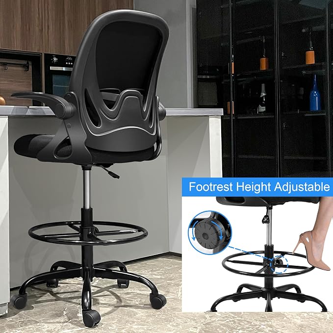 Drafting Chair Tall Office Chair with Flip-up Armrests Executive Ergonomic Computer Standing Desk Chair with Lumbar Support and Adjustable Footrest Ring (Black) - Image 10