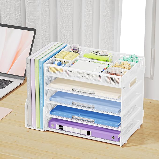 Marbrasse 5-Tier Desk Organizer with File Holder,Paper Letter Tray Organizer,Desktop File Organizer with Adjustable Compartments,Mesh Desk Organizers and Accessories for Office Supplies,White - Image 6