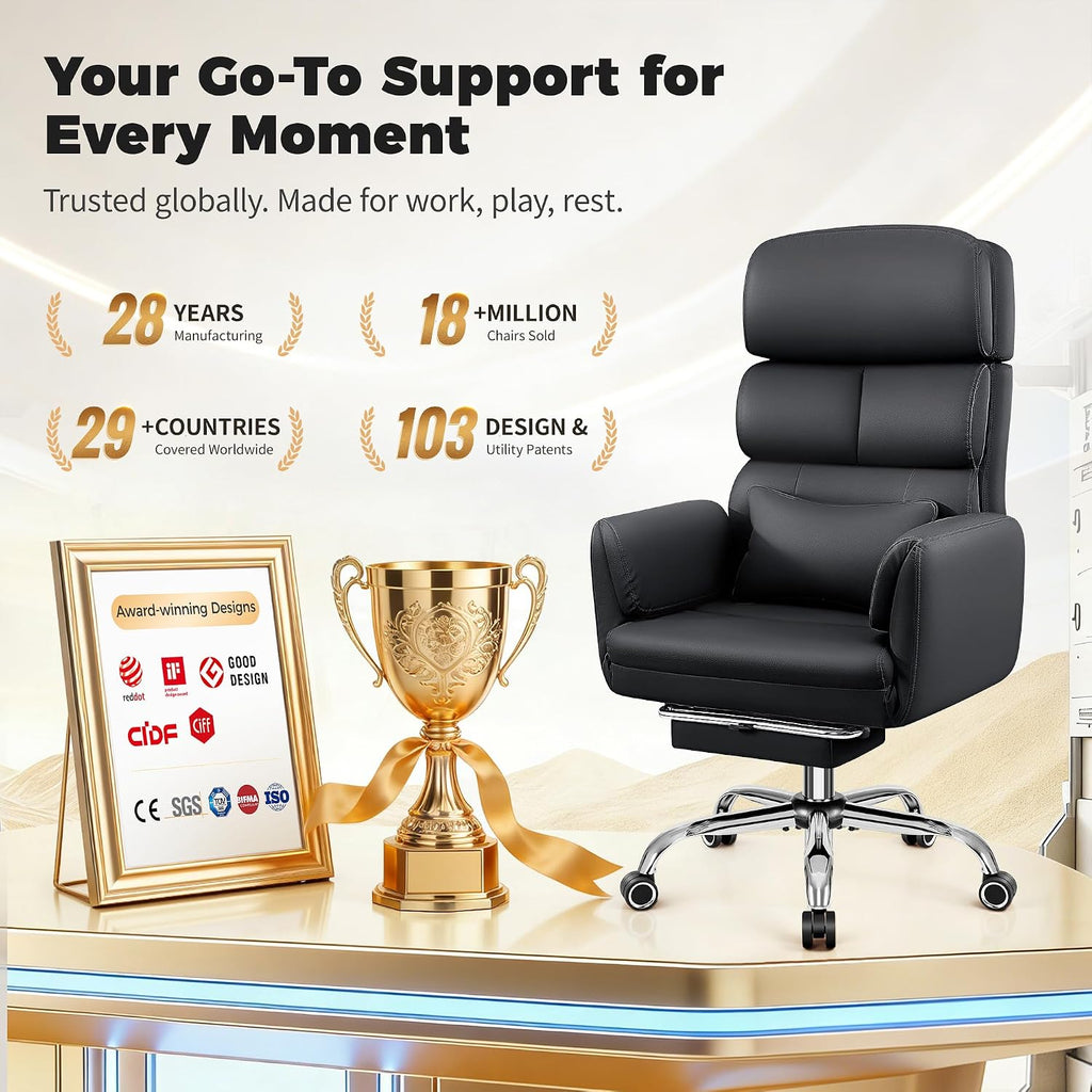 Big and Tall Office Chair 500LBS, Ergonomic High Back Leather Executive Chair, Reclining Swivel with Adjustable Armrests Lumbar Support Footrest, Criss Cross Legged, Black - Image 3