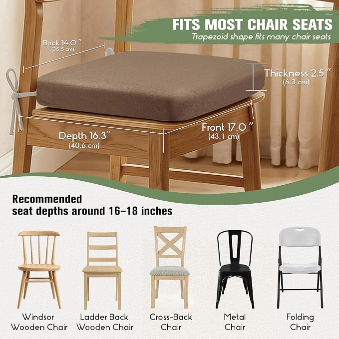 kingphenix Chair Cushions for Dining Chairs, Set of 4, 2.5 Inches Thick | High-Density Foam Kitchen Chair Cushions with Ties, Non-Slip Bottom and Removable Machine-Washable Covers, 17 x 16 in, Brown - Image 5