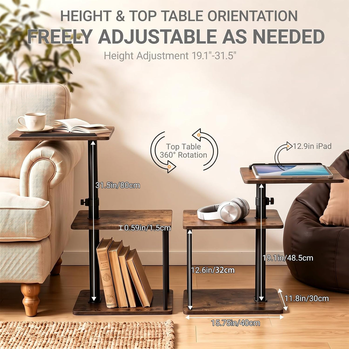 C Shaped Side Table, 360° Swivel Height Adjustable, 3-Tier Sofa Side Desk - Image 2