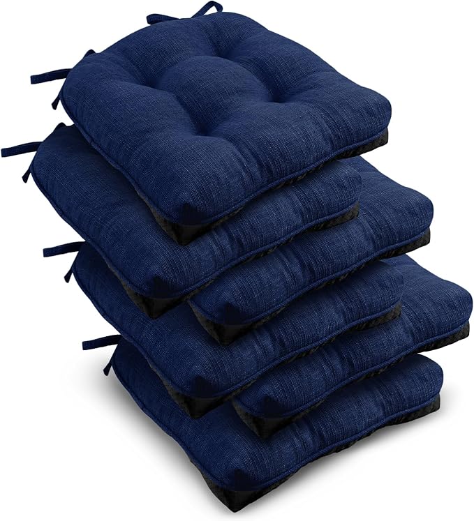 downluxe Indoor Chair Cushions for Dining Chairs, Tufted Overstuffed Textured Kitchen Chair Pads with Ties and Non-Slip Backing, 15.5" x 15.5" x 4", Royal Blue, 6 Pack by Downluxe