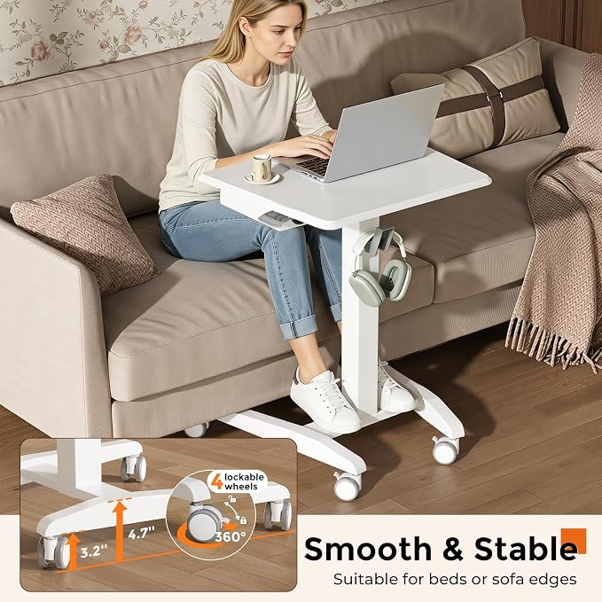 JOY worker Mobile Standing Desk with Drawer, 23.6" Small White Laptop Desk | Pneumatic Height Adjustable, Open Storage Shelf, 4 Lockable Wheels, Portable Sit Stand Desk, Home Office Teacher, Holds 22lbs - Image 7