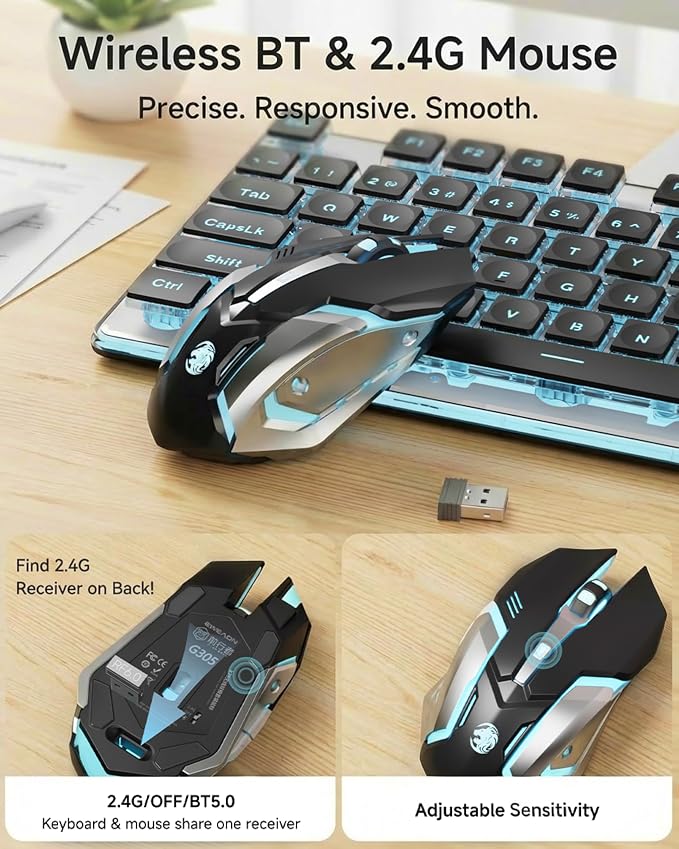 Wireless Keyboard and Mouse Combo with White Backlit Pudding Keycaps, Bluetooth & 2.4G, 2000mAh Rechargeable, Full Size, Metal Panel Quiet Computer Keyboard Set for Windows PC Desktop - Black - Image 5