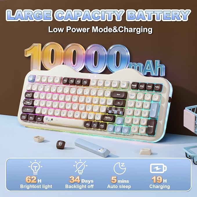 YUNZII C98 Cute Cake Wireless Mechanical Keyboard (Choco, Milk Switch) | 99 Keys with Number Pad, Hot Swap, PBT MOA Keycaps, BT5.0/2.4G/USB-C, Gasket Mount, Custom RGB Backlit for Win/Mac - Image 6