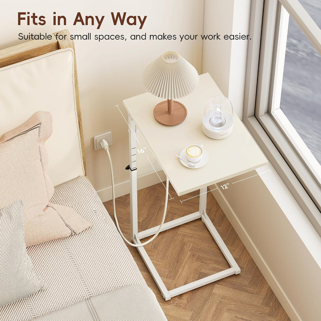 C Shaped End Table with Charging Station, Adjustable Height Side Table for Couch, Small Sofa Table C Table End Table, Slide Under Couch Table TV Tray Arm Table for Living Room, Bedroom, Cream - Image 5