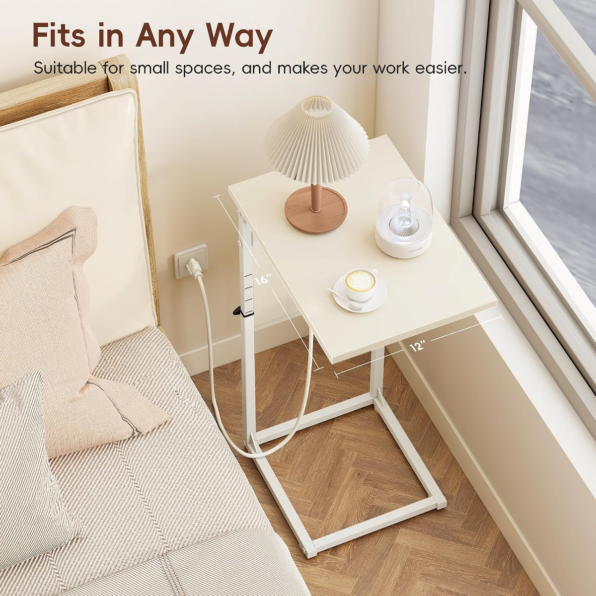 C Shaped End Table with Charging Station, Adjustable Height Side Table for Couch, Small Sofa Table C Table End Table, Slide Under Couch Table TV Tray Arm Table for Living Room, Bedroom, Cream - Image 5