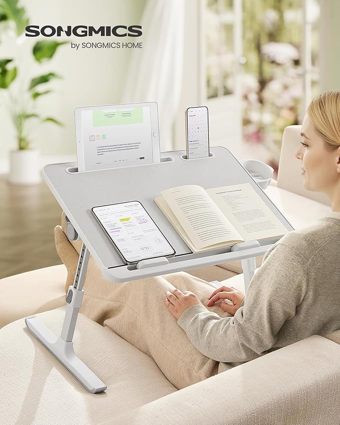SONGMICS Bed Laptop Desk, Foldable Bed Desk for Laptop, 15.7 x 22 Inches Large Desktop, 120° Stepless Tilt, Adjustable Height, Cup Holder, Tray, Portable Bed Sofa Table, Gray ULLD113GZ01 - Image 2