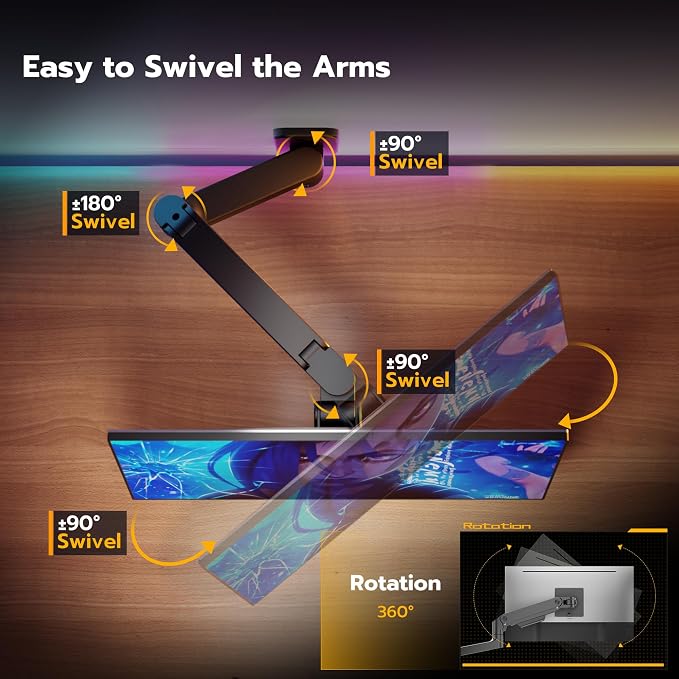 ARES WING Wall Mount Monitor Arm for 17-49 Inch Ultrawide Screens, Black | Heavy Duty Single Monitor Arm Holds 44 lbs, Fully Adjustable Gas Spring Monitor Wall Mount, 75x75/100x100 VESA Mount - Image 5