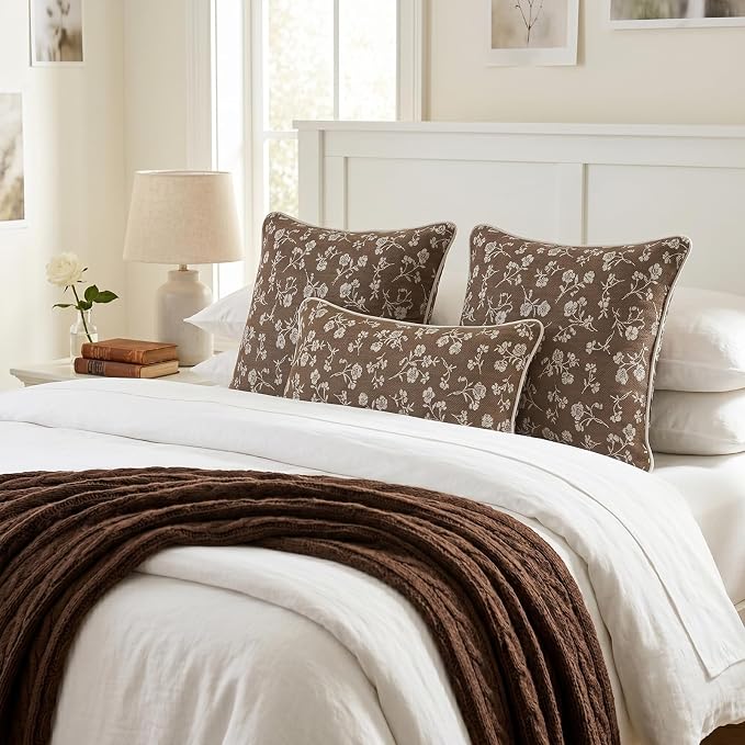 18x18 Chenille Jacquard Throw Pillow Cover, Taupe Gray Vintage Floral Cushion Case with Piped Edges, Decorative Accent for Sofa, Couch & Bed, 2 Pack - Image 7