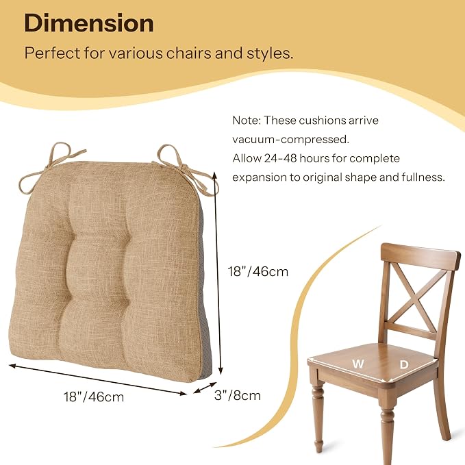 Chair Cushions for Dining Chairs Set of 4, 18"x18"x3", Cappuccino | Non-Slip with Ties, Tufted, Faux Linen, Seat Cushions for Dining Room Kitchen Breakfast Nook Indoor Home Office Living Room - Image 2