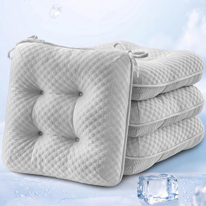 BETU Cooling Chair Cushions Set of 4, 3.5” Thick Seat Cushions, Breathable Comfort Fabric Chair Pads with Non Slip Bottom & Ties, Soft Support Cushion for Kitchen, Office, Patio,15.5"X15.5"X3.5"Gray by BETU