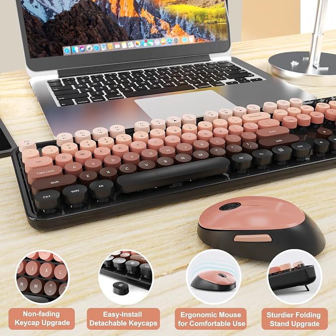 SkyGive Wireless Keyboard and Mouse Combo, Ergonomic Full Size Typewriter Retro Round Keycaps Keyboard, Compatible with Windows, PC, Perfer for Home and Office Keyboards (Aurora Red) - Image 6