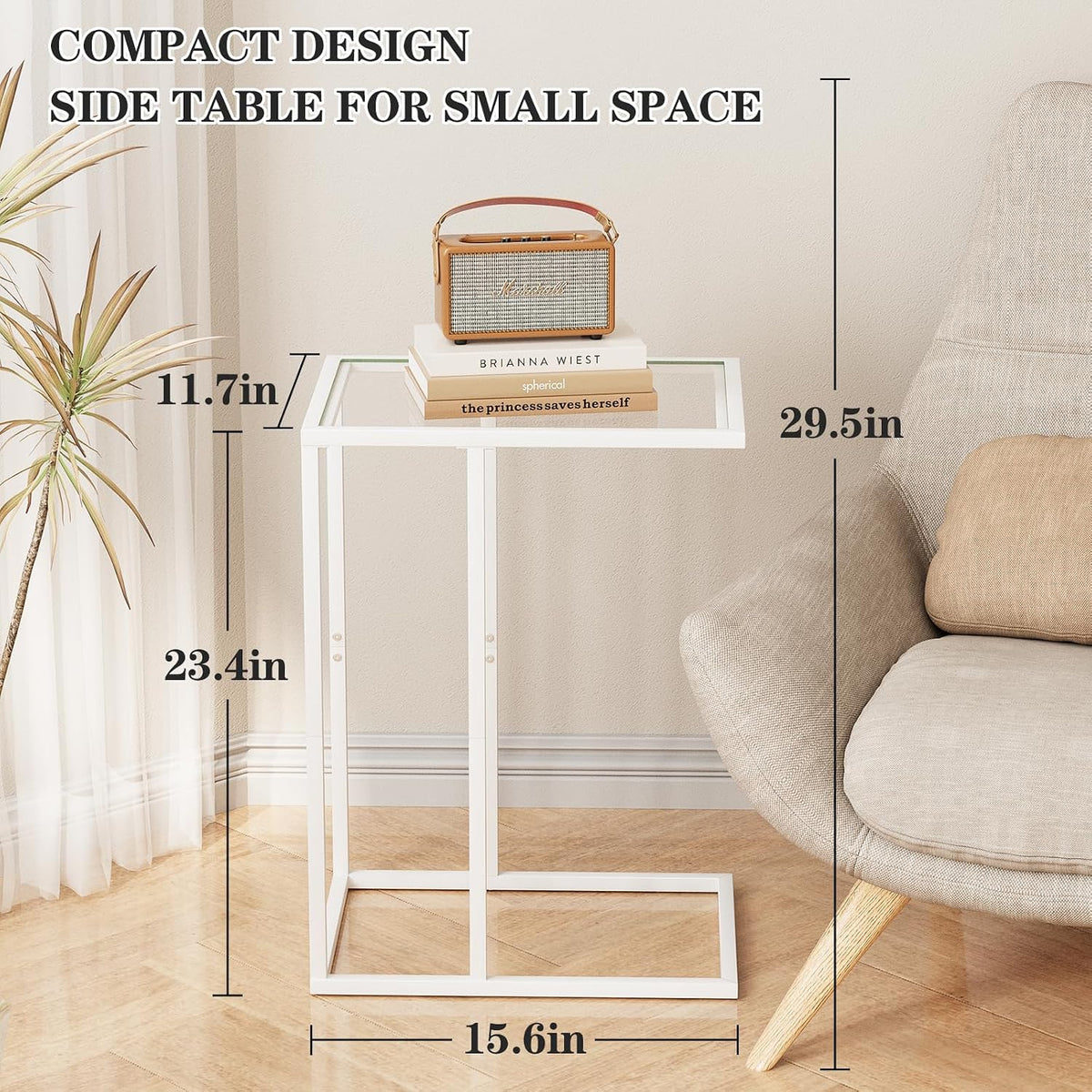 Easy Paws Small C Shaped Table for Sofa,Glass Couch Sofa Tray Snack Table for Living Room, Bedroom,TV Tray Table for Small Space,Accent Coffee Table,Nightstand with Metal Frame(White) - Image 3