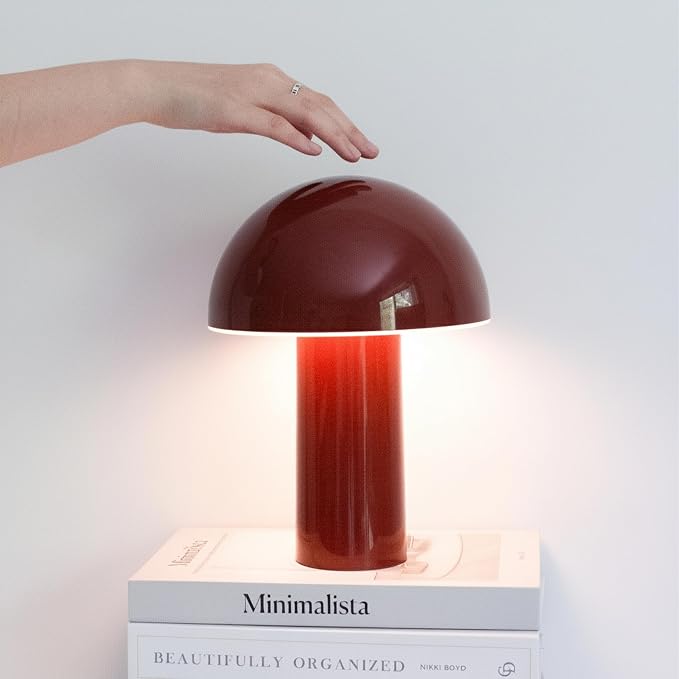 Brightech Celia Mood Lamp – 10" Touch-Controlled Mushroom Table Lamp, Cordless & Dimmable LED, Portable & Rechargeable Bedside Night Light, Sustainable Recycled Modern Patio Lamp for Home Décor – Red by Brightech