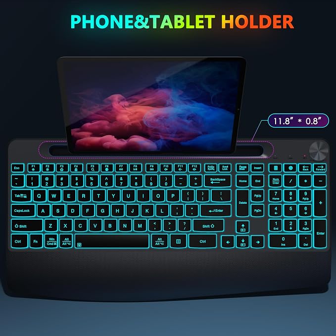 JOYACCESS Ergonomic Wireless Backlit Keyboard with Phone Holder,Rechargeable Wireless Keyboard Mouse Combo with Light Up Keys for for Laptop, PC, Mac, Windows-Grey - Image 3
