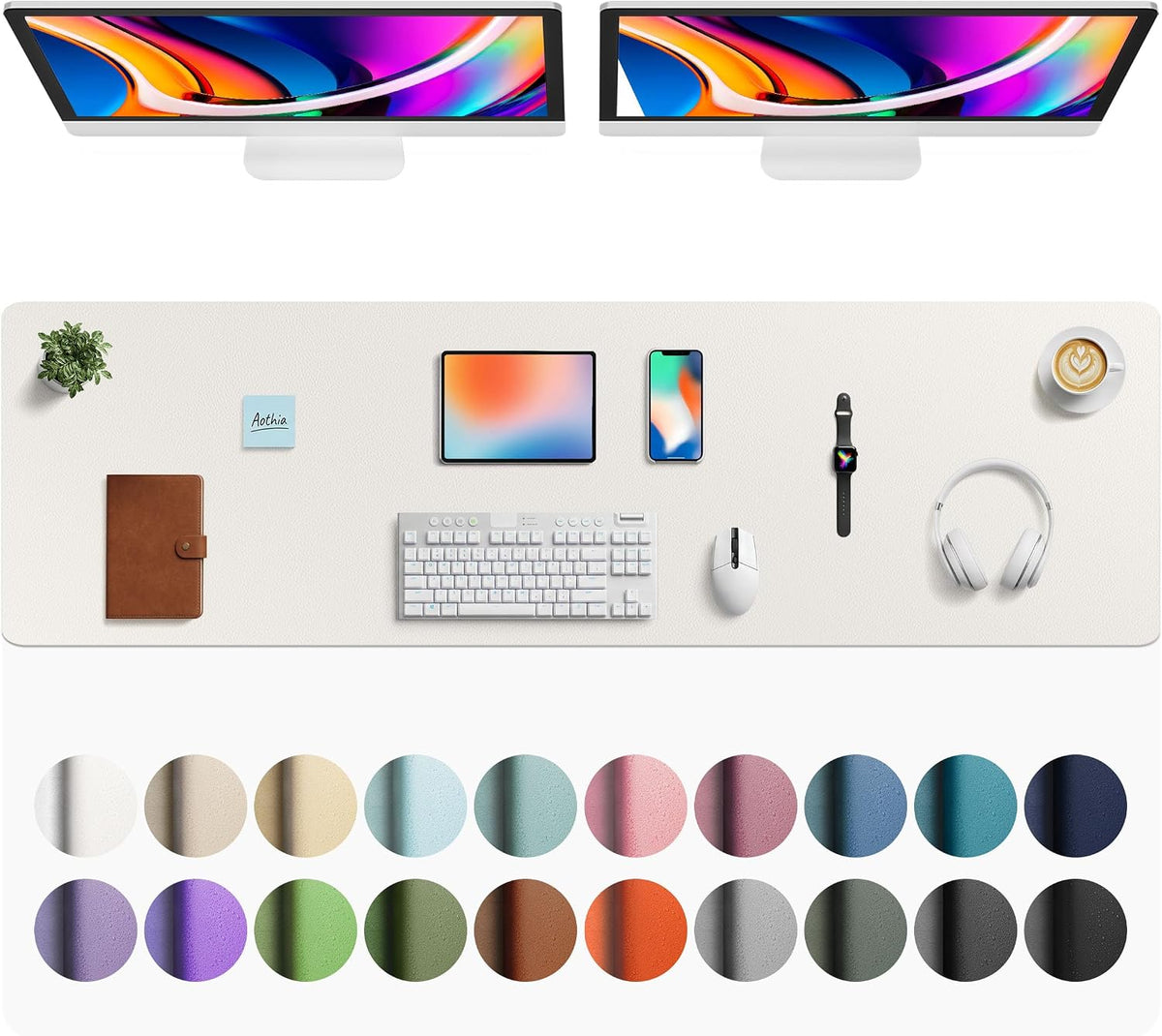 Aothia Faux Leather Desk Mat - Large Mouse Pad, Non-Slip PU Leather Blotter, Waterproof Writing Surface for Office and Home (Off-White, 63" x 17") by Aothia