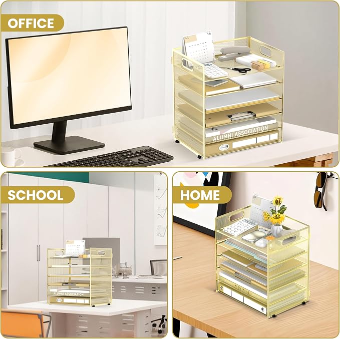 Daltack 6-Tier Paper Organizer for Desk with Handle, Gold | Sturdy Metal Mesh Organizer with Movable Middle Trays and a Carry Handle for Papers, Folders and Office Supplies - Image 6