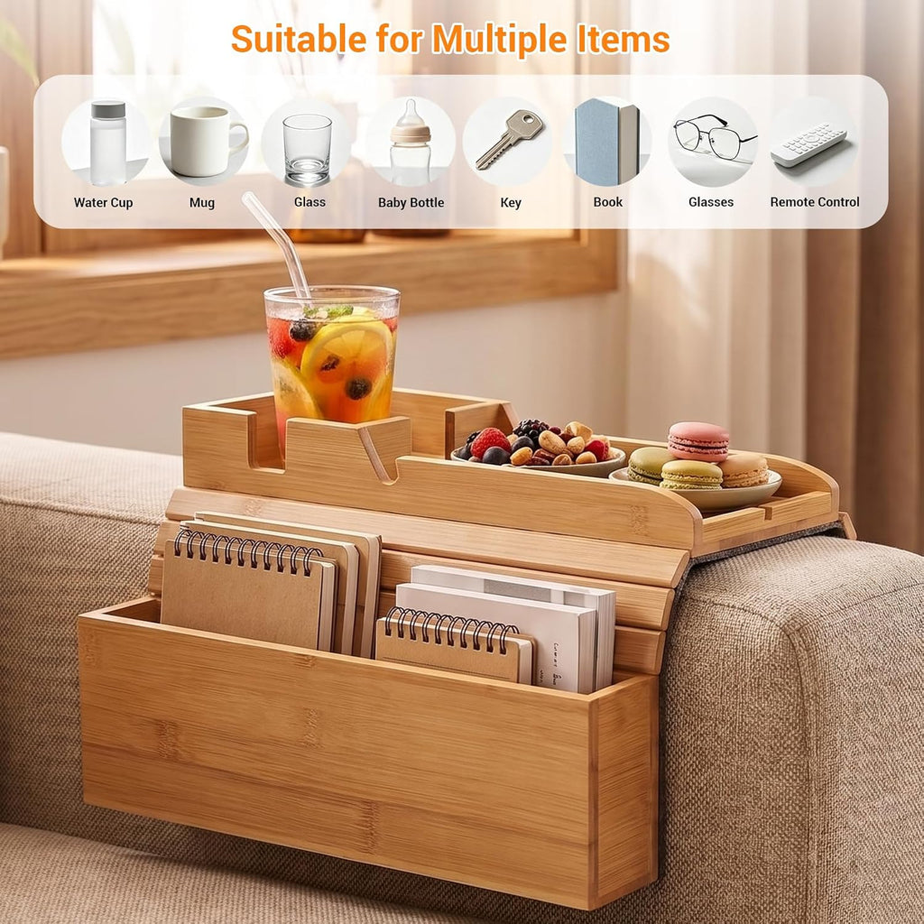 Bamboo Couch Armrest Tray with Storage Caddy for Drinks TV Remote Snacks - Image 4