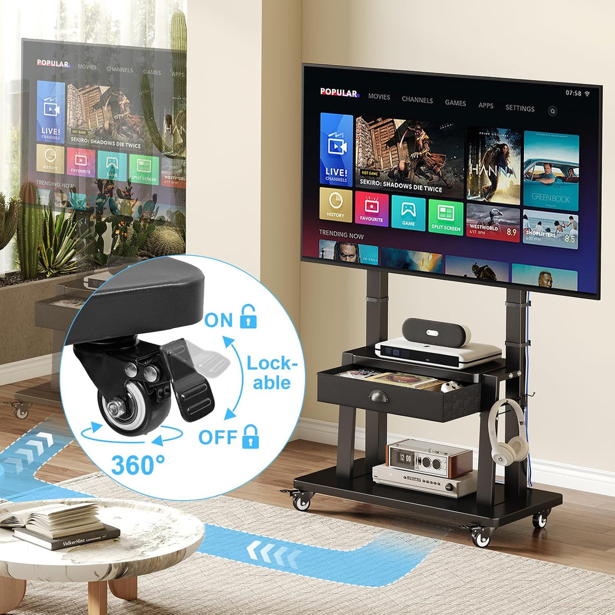 Mobile TV Stand on Wheels for 42-100 inch TVs up to 330lbs, Rolling TV Cart with Drawer & 2 Shelves, Adjustable Height, Portable TV Stand for Indoor Outdoor, Max VESA 600x900mm - Image 4