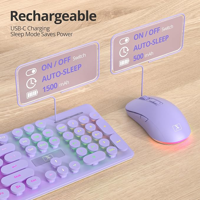 Backlit Wireless Keyboard and Mouse, 2.4GHz Light Up Typewriter Rechargeable Cordless Quiet Keyboard with USB Receiver for PC/Laptop (Purple) - Image 3