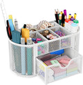 EasyPAG Mesh Pen Holder Desk Organizer with Drawer Stationery Supplies Organizer for Dorm School 9 Compartments Workspace Desk Accessories Organization for Office, White by EasyPAG
