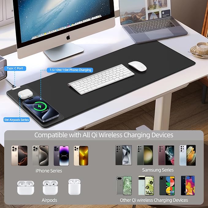 Mouse Pad with Wireless Charging, Large Desk Mat for Gaming, 31.5"x11.8" | Ultra-Smooth Surface, Non-Slip Rubber Base, Waterproof Computer Keyboard Pad for Gamer, Desk, Office, PC, Laptop, Black - Image 7