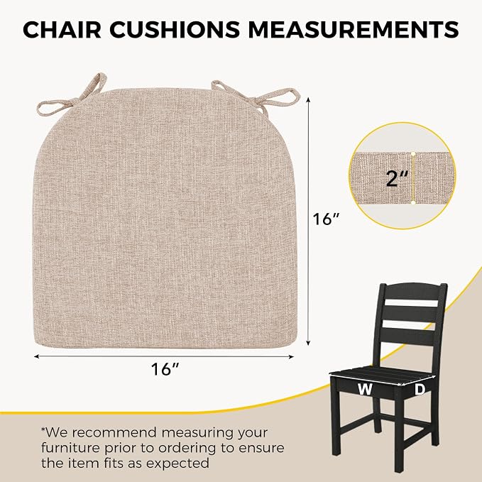 downluxe Indoor Chair Cushions for Dining Chairs,Kitchen Chair Pads with Ties and Non-Slip Backing, 16" x 16" x 2", Oatmeal Beige, 6 Pack - Image 2