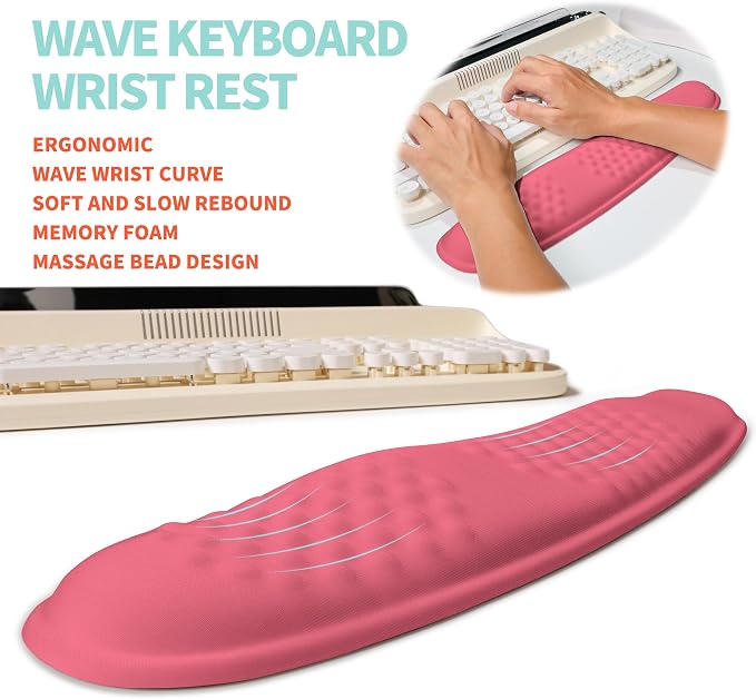2-in-1 Ergonomic Set, Wave Rise Keyboard Wrist Rest and Massage Bulge Slope Mouse Pad Wrist Support, Cushion Memory Foam Integrated to Relieve Wrist Pain, Muskmelon Pink - Image 2
