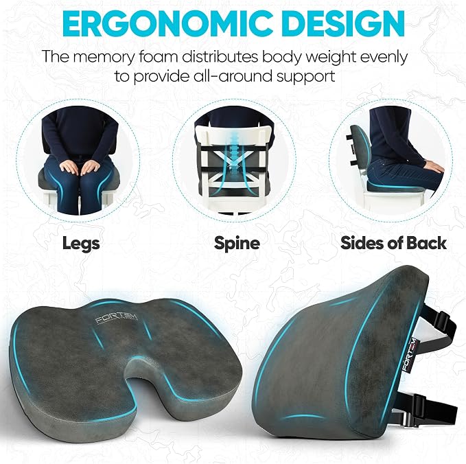 FORTEM Seat Cushion & Lumbar Support for Office Chair, Wheelchair, Car | Memory Foam | Ergonomic Design | Washable Cover | Non Slip | Dark Grey - Image 6