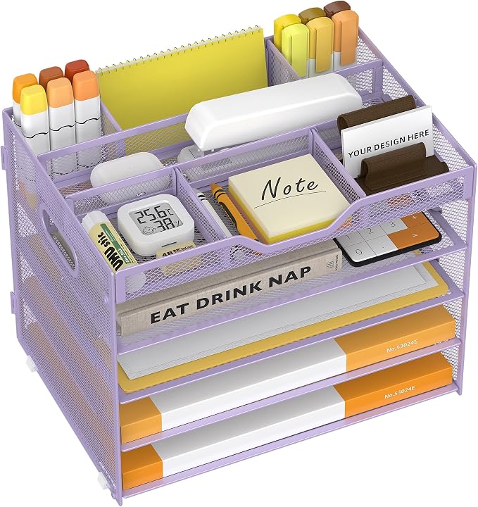 5 Tier Paper Letter Tray Desk Organizer with Pen Holders - Purple | Features 3 pen holders and 4 removable dividers.Versatile mesh desktop storage for mail, document,office supplie by OrgMate