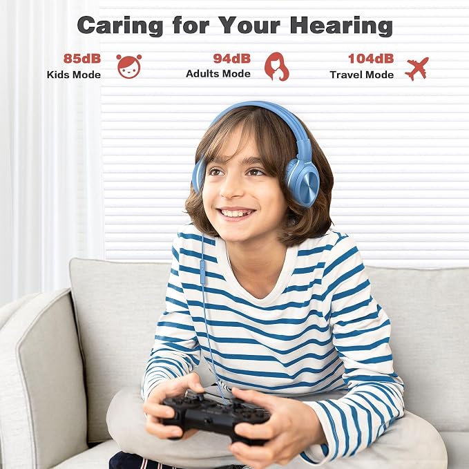 SIMOLIO Manyshare Series- Over-Ear Kids Headphones with Microphone & Share Port, Volume Limited Plug in Headphones Wired, Foldable Corded Stereo 3.5mm Headset for Laptop PC Tablets Travel Boys (Blue) - Image 5