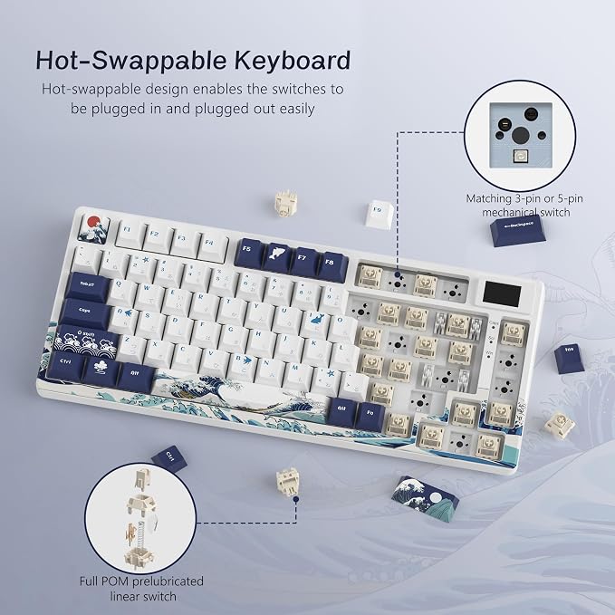 Womier SK80 75% Keyboard with Color Multimedia Display Gaming Keyboard | Creamy Sound Mechanical Wired Hot Swappable Gasket RGB Custom Key board, Pre-lubed Stabilizer for Mac/Win, White Kanagawa - Image 4