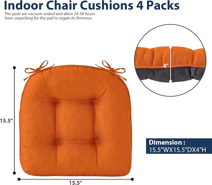 IASEAHK Chair Cushions for Dining Chairs, Seat Cushions for Kitchen Chairs, Indoor Seat Cushions with Ties, Tufted Foam Chair Pads, Non Slip Chair Cushions Set of 6, 15.5" x 15.5" x 4", Orange - Image 2
