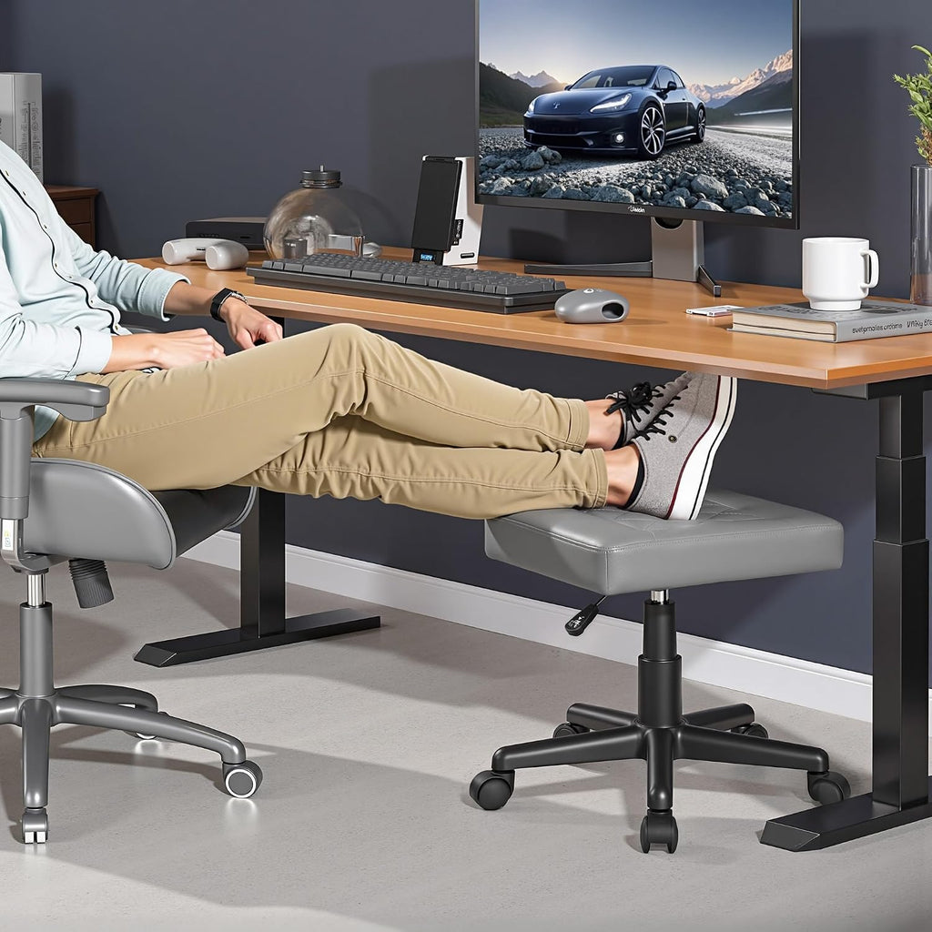 VECELO Under Desk Footrest, PU Ergonomic Foot Rest with Wheels, Comfort Padding, Height Adjustable for Relieving Leg Pain, Stiffness, and etc, Gray - Image 3