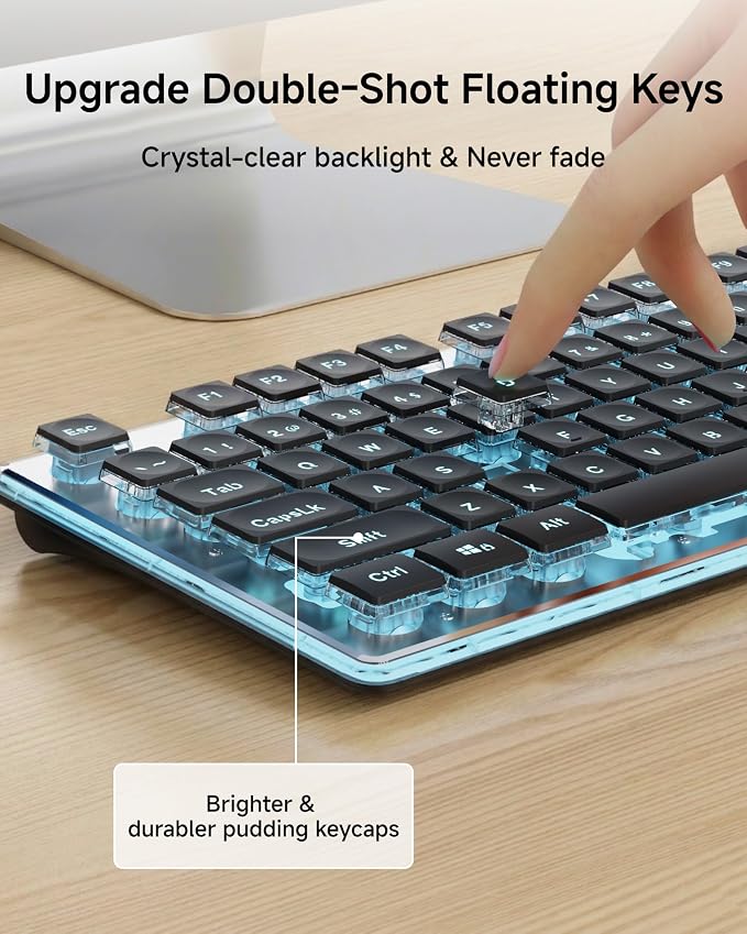 Wireless Keyboard and Mouse Combo with White Backlit Pudding Keycaps, Bluetooth & 2.4G, 2000mAh Rechargeable, Full Size, Metal Panel Quiet Computer Keyboard Set for Windows PC Desktop - Black - Image 4