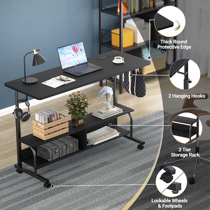 47" Rolling Standing Desk with Charging Station for Couch Bed | Height Adjust 27.5-41", 2 AC/3 USB, Mobile 4 Lockable Wheels, 2-tier Shelves Hook, Safe Corner Fast Assembly - Image 5