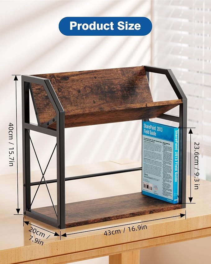 Desktop Bookshelf, Wooden Desk Shelf Organizer, Brown | 2-Tier Desk Top Storage Rack for Office, Dorm, Bedroom Decor, Small Tabletop Shelf for Books, Plants & Accessories - Image 3