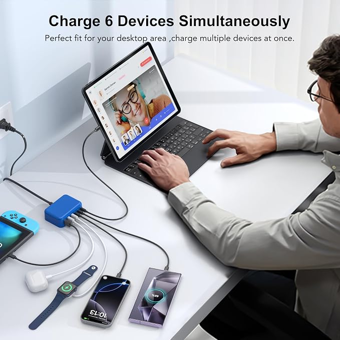 USB C Charger Block, GaN Fast USB Charging Station Hub with 100W Max 6-Port | 3 USB-C & 3 USB-A Compact Desktop Charger for Home Office, PD20W USB Power Strip for iPad iPhone 17 16 15 14 Pro Max Galaxy - Image 5