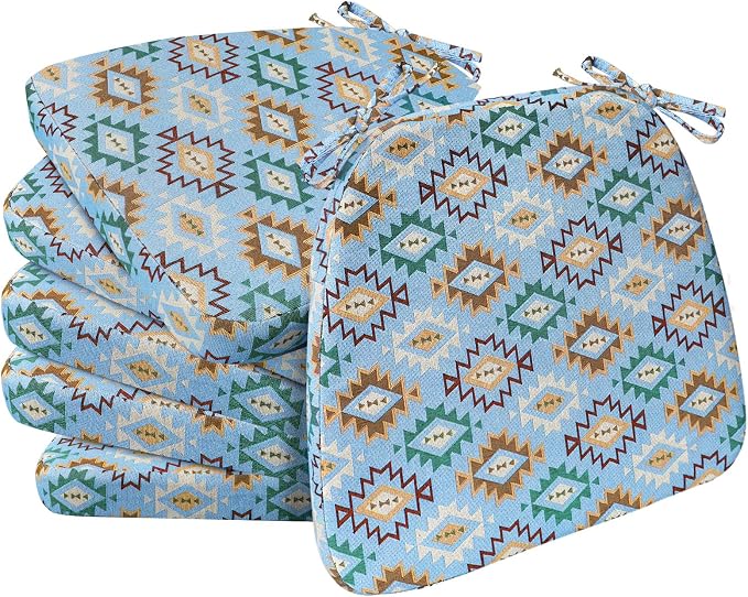 AAAAAcessories D-Shaped Chair Cushions, 2" Thick Dining Chair Pads with Ties and Removable, Machine-Washable Cover, 17" x 16", Set of 6, Geometric Blue by AAAAAcessories