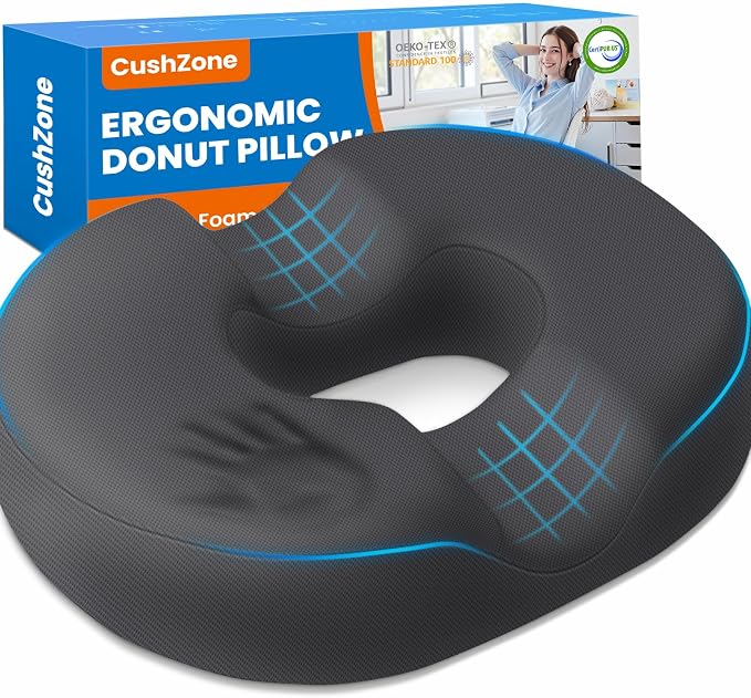 Donut Seat Cushion, Hemorrhoid Pillow, Office Chair Cushion, Gray, XX-Large | Ergonomic Design, Breathable Cover, for Tailbone Pain, Hemorrhoids & Long Sitting Hours, for Home & Office, by CushZone
