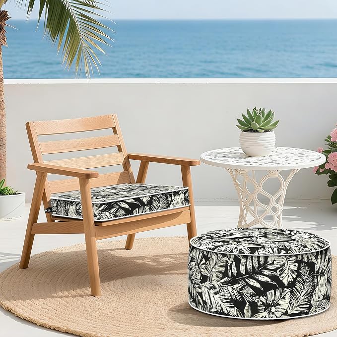 Outdoor Seat Cushions 19 x 19 x 3 Inch, Water Repellent Patio Chair Foam Cushions with Straps, Outdoor Cushions for Patio Furniture Garden Sofa, Set of 2, Tropical Leaf Black - Image 8