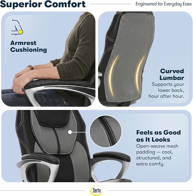 Serta Ergonomic Executive Office Chair, Padded Arms Mesh Back Leather Chair | Amplify, Contoured Lumbar Lower Back Support, Back Pain Relief, Adjustable Height & Recline, Work From Home Desk Chair, Gray - Image 6