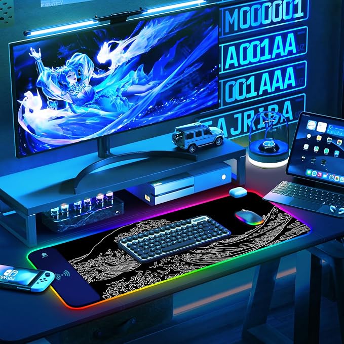 ToLuLu RGB Wireless Charging Gaming Mouse Pad, 7.5/10/15W 10 Light Modes LED Mouse Pad Computer Keyboard Mat Mousepad, 800x300x4MM Extended Large Desk Pad Mat, Japanese Kanagawa Sea Wave Black White - Image 9