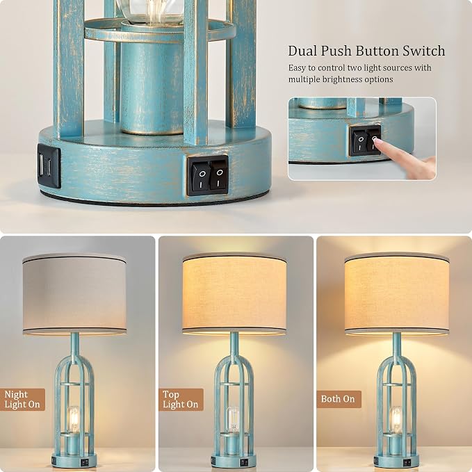SRJJA Table Lamps for Living Room Set of 2 - Modern Farmhouse Lamps for Night Stands with Night Light & USB A+C, 24" Vintage Bedside Lamp for Bedroom, Bulbs Included - Image 2